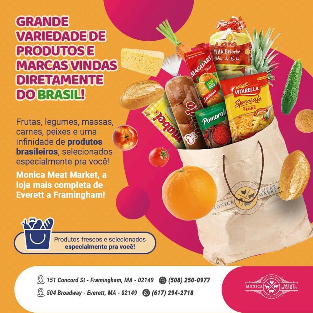 Variedades de produtos brasileiros e carnes selecionadas.